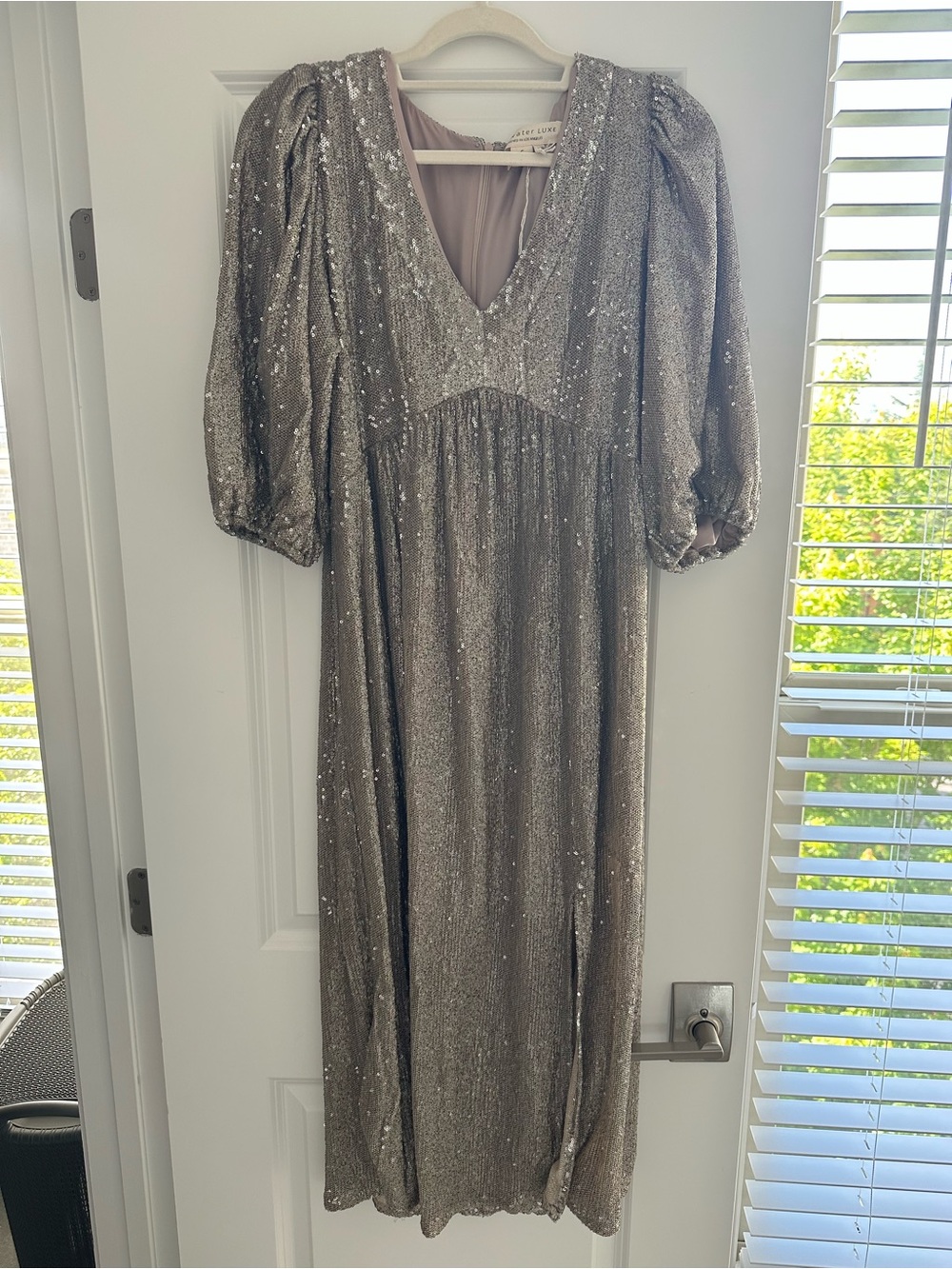 saltwater LUXE Silver Sequin V-Neck Maxi Dress with Puff Sleeves